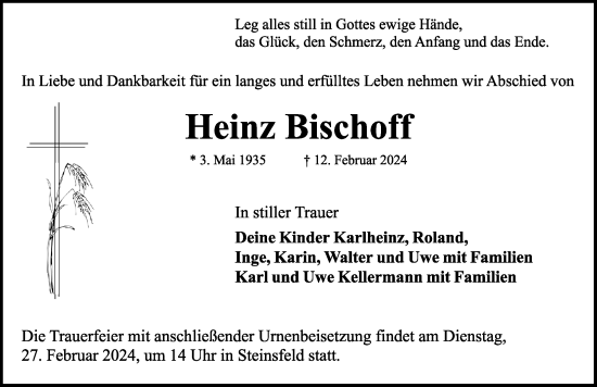 Traueranzeige von Heinz Bischoff von Rothenburg