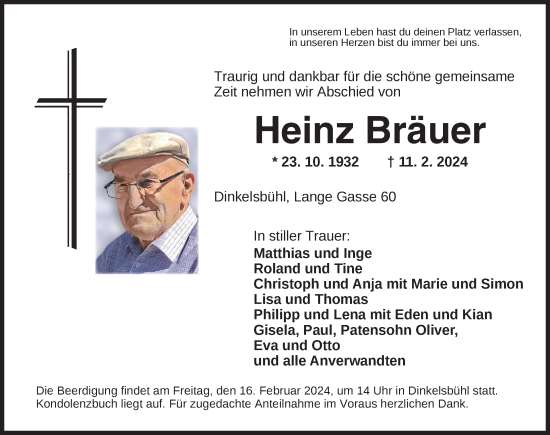 Traueranzeige von Heinz Bräuer von Dinkelsbühl/ Feuchtwangen