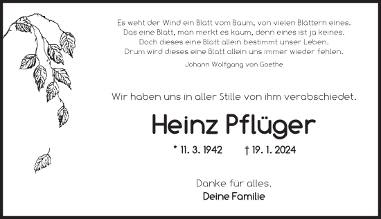 Traueranzeige von Heinz Pflüger von Neustadt/ Scheinfeld/ Uffenheim