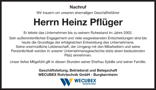 Traueranzeige von Heinz Pflüger von Neustadt/ Scheinfeld/ Uffenheim