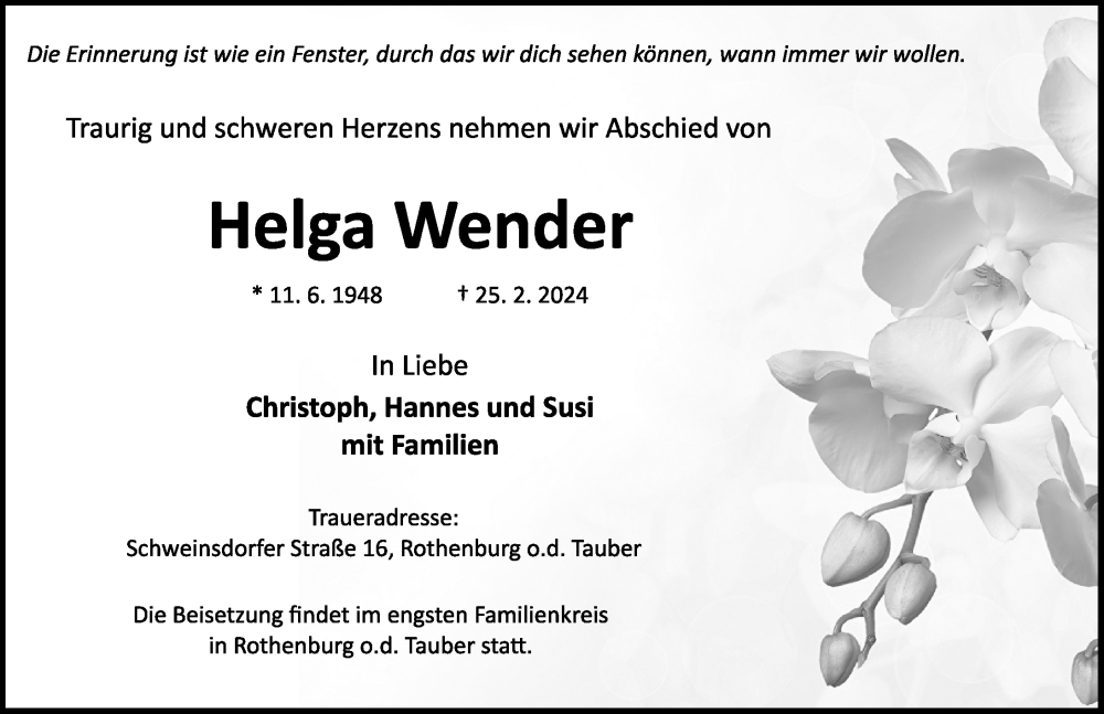  Traueranzeige für Helga Wender vom 28.02.2024 aus Rothenburg