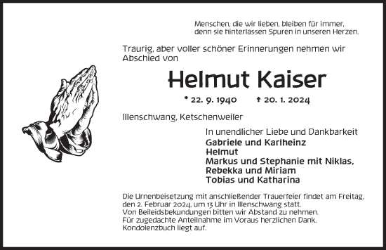 Traueranzeige von Helmut Kaiser von Dinkelsbühl/ Feuchtwangen