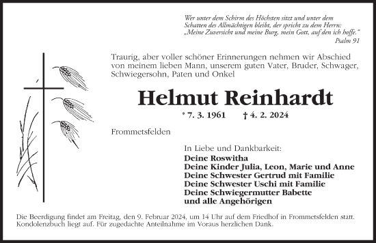 Traueranzeige von Helmut Reinhardt von Rothenburg