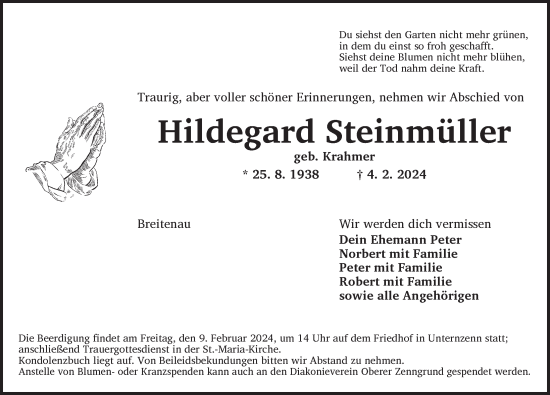 Traueranzeige von Hildegard Steinmüller von Neustadt/ Scheinfeld/ Uffenheim