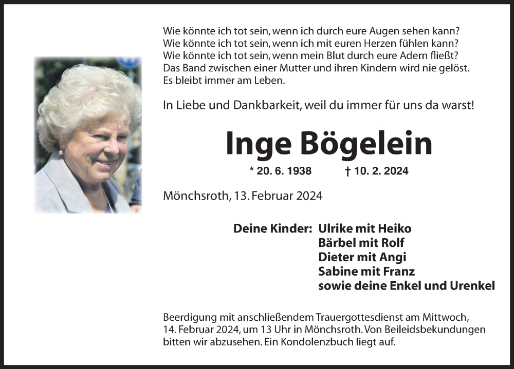  Traueranzeige für Inge Bögelein vom 13.02.2024 aus Dinkelsbühl/ Feuchtwangen