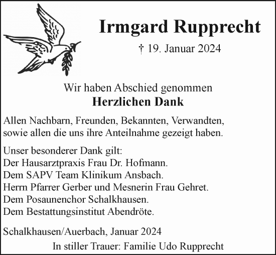 Traueranzeige von Irmgard Rupprecht von Ansbach