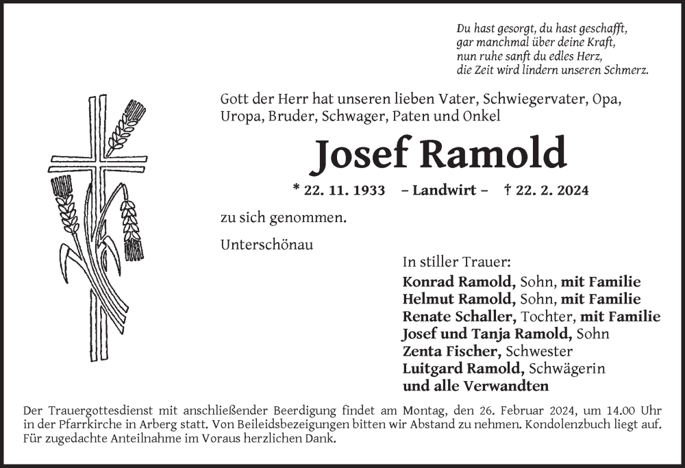  Traueranzeige für Josef Ramold vom 24.02.2024 aus Ansbach