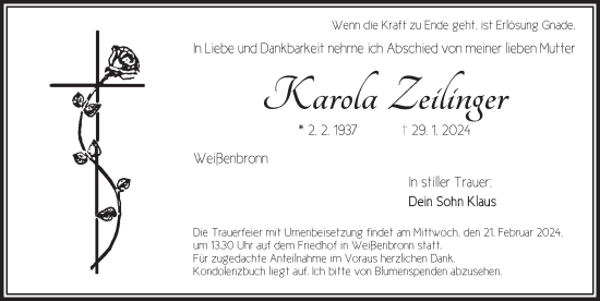 Traueranzeige von Karola Zeilinger von Ansbach