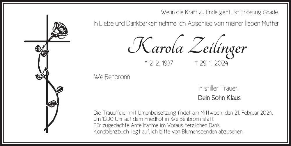  Traueranzeige für Karola Zeilinger vom 17.02.2024 aus Ansbach