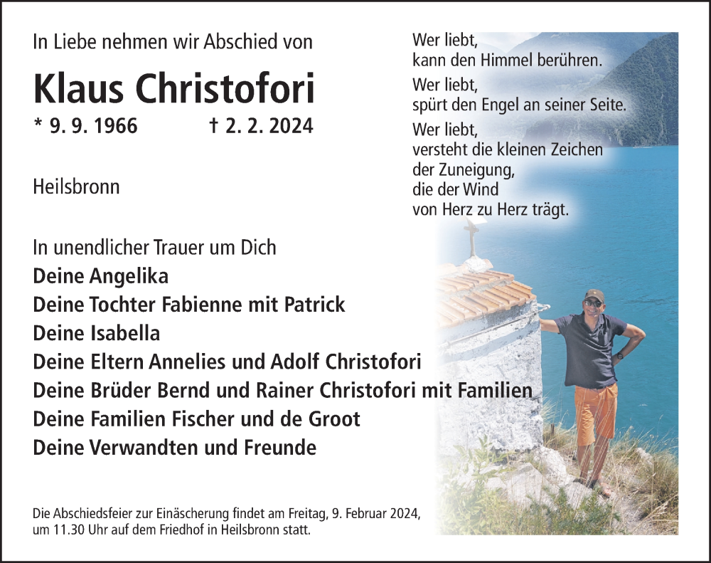  Traueranzeige für Klaus Christofori vom 06.02.2024 aus Ansbach