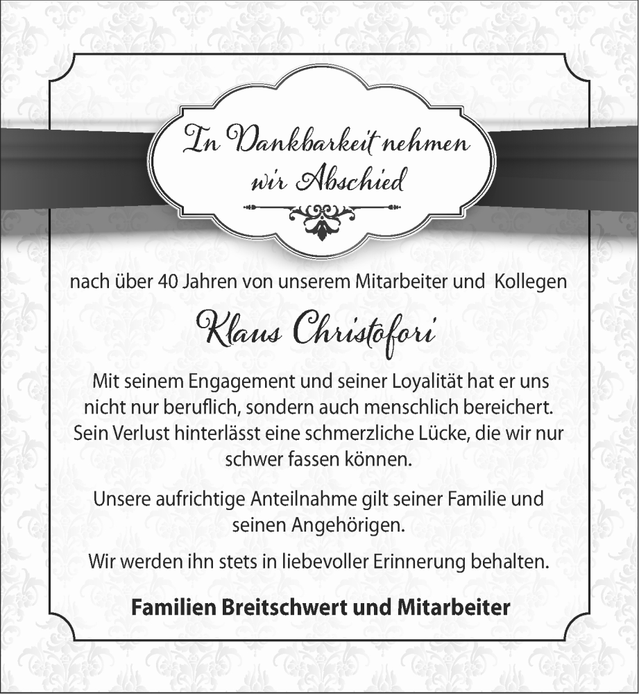  Traueranzeige für Klaus Christofori vom 06.02.2024 aus Ansbach