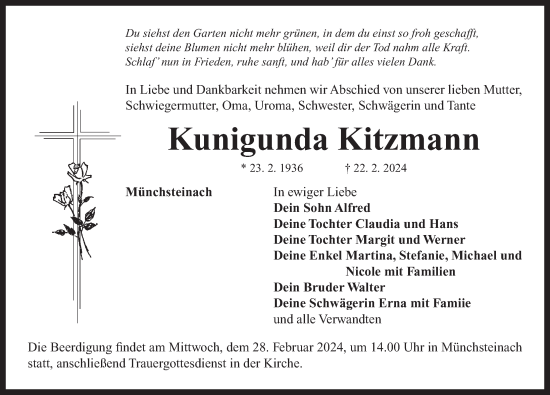 Traueranzeige von Kunigunda Kitzmann von Neustadt/ Scheinfeld/ Uffenheim