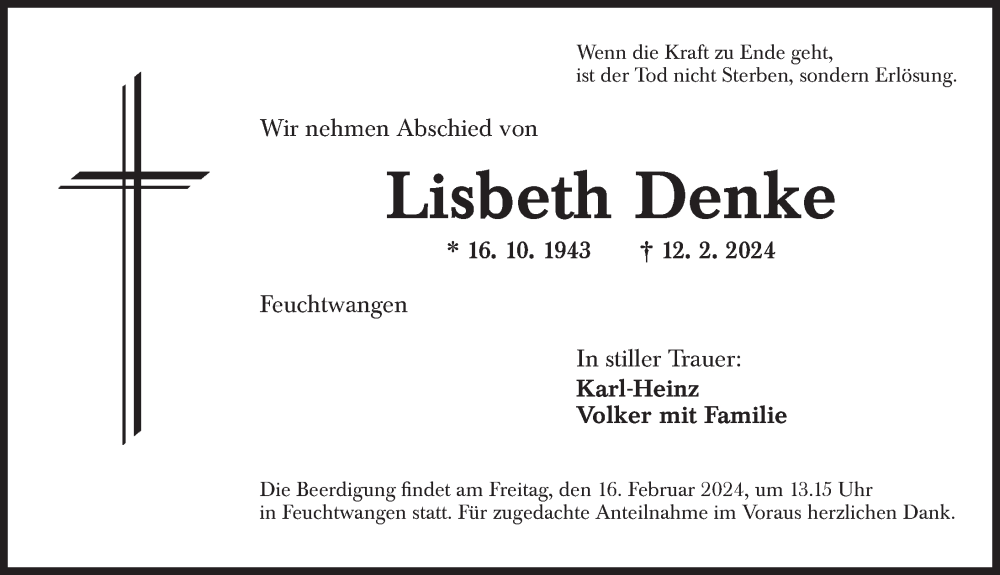  Traueranzeige für Lisbeth Denke vom 15.02.2024 aus Dinkelsbühl/ Feuchtwangen