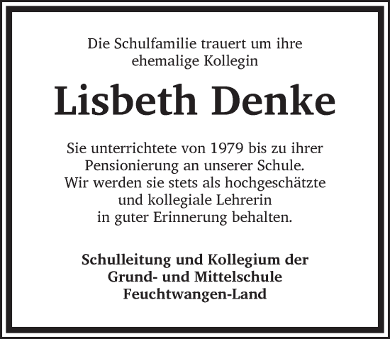 Traueranzeige von Lisbeth Denke von Dinkelsbühl/ Feuchtwangen