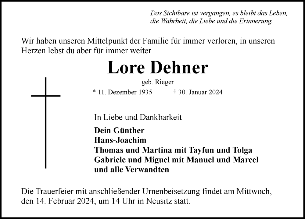  Traueranzeige für Lore Dehner vom 10.02.2024 aus Rothenburg