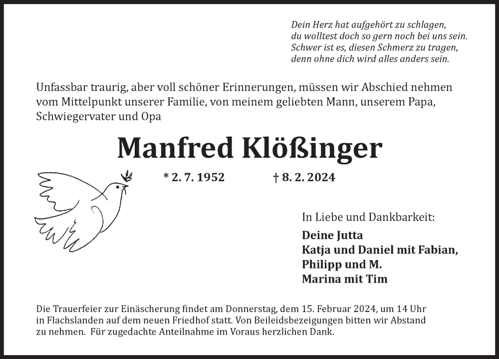  Traueranzeige für Manfred Klößinger vom 13.02.2024 aus Ansbach