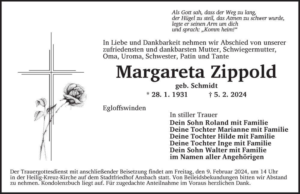  Traueranzeige für Margareta Zippold vom 07.02.2024 aus Ansbach