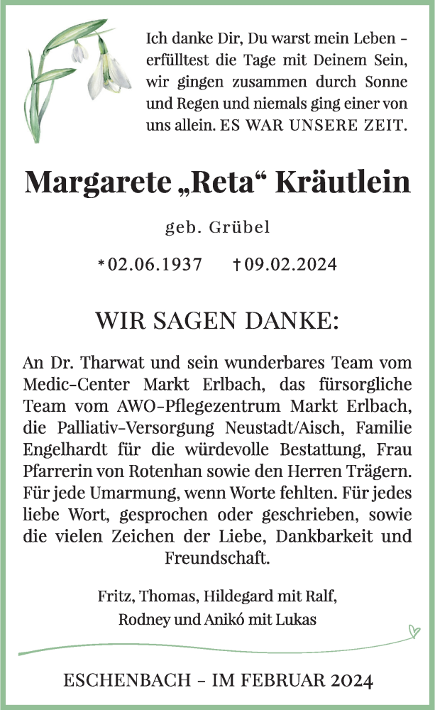  Traueranzeige für Margarete Kräutlein vom 24.02.2024 aus Neustadt/ Scheinfeld/ Uffenheim