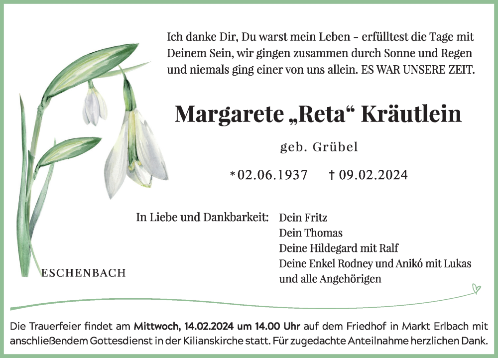  Traueranzeige für Margarete Kräutlein vom 12.02.2024 aus Neustadt/ Scheinfeld/ Uffenheim