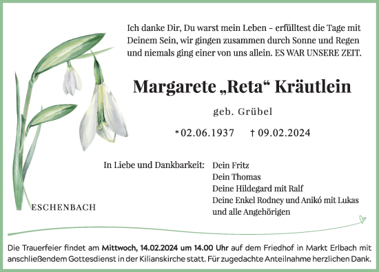 Traueranzeige von Margarete Kräutlein von Neustadt/ Scheinfeld/ Uffenheim