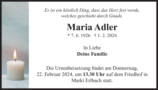 Traueranzeige von Maria Adler von Neustadt/ Scheinfeld/ Uffenheim