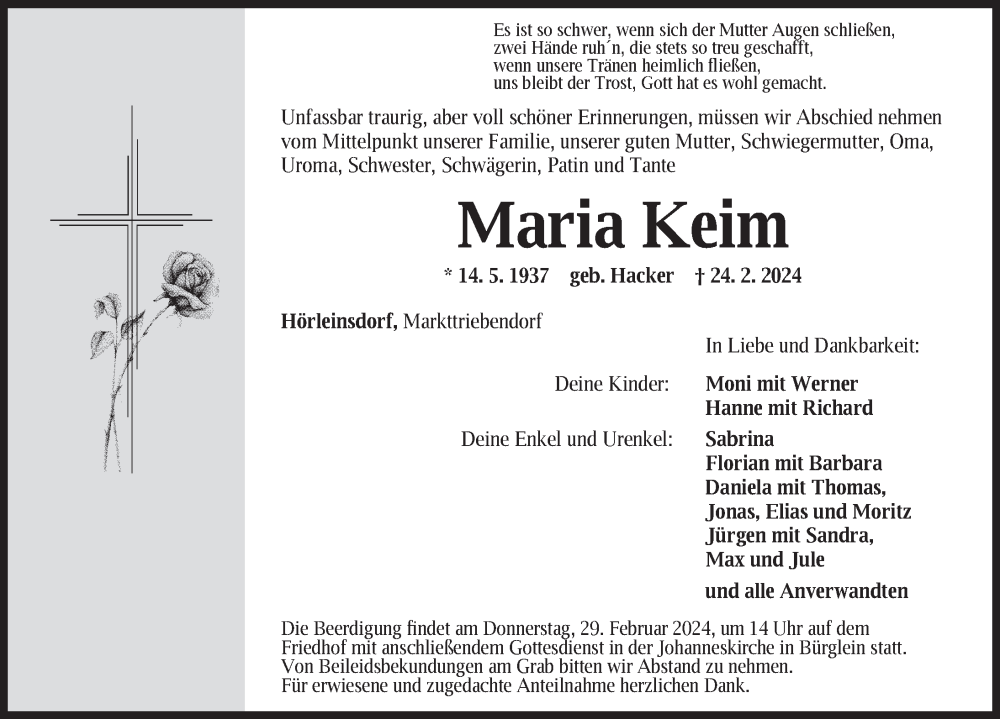  Traueranzeige für Maria Keim vom 27.02.2024 aus Ansbach