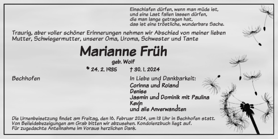 Traueranzeige von Marianne Früh von Dinkelsbühl/ Feuchtwangen