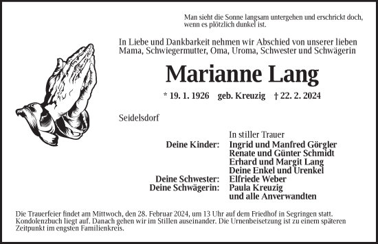 Traueranzeige von Marianne Lang von Dinkelsbühl/ Feuchtwangen