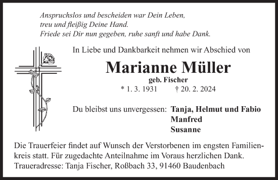Traueranzeige von Marianne Müller von Neustadt/ Scheinfeld/ Uffenheim