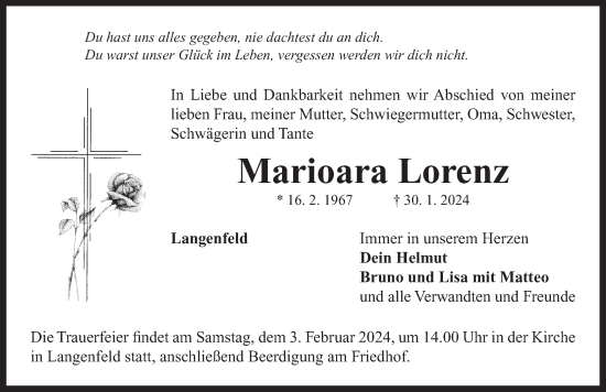 Traueranzeige von Marioara Lorenz von Neustadt/ Scheinfeld/ Uffenheim