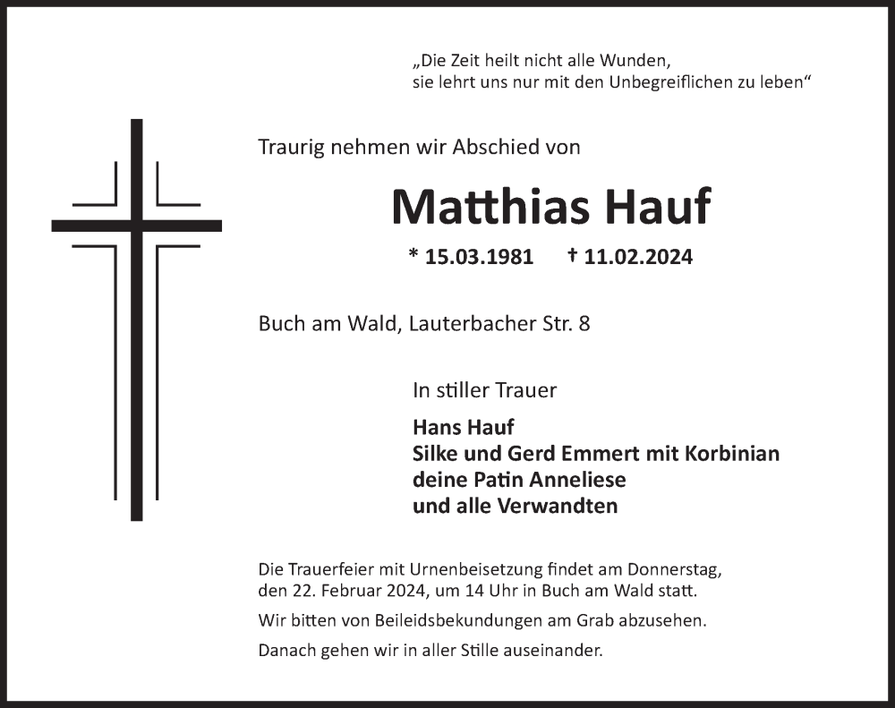  Traueranzeige für Matthias Hauf vom 20.02.2024 aus Rothenburg