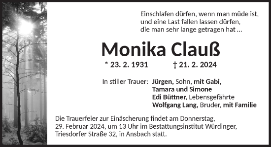 Traueranzeige von Monika Clauß von Ansbach