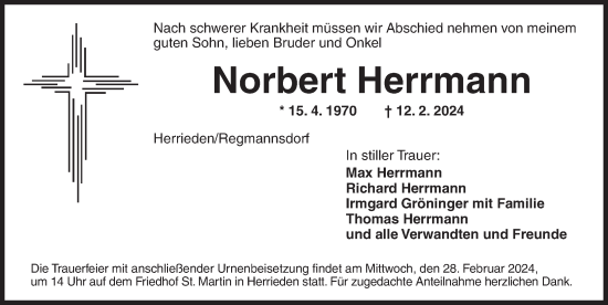 Traueranzeige von Norbert Herrmann von Ansbach