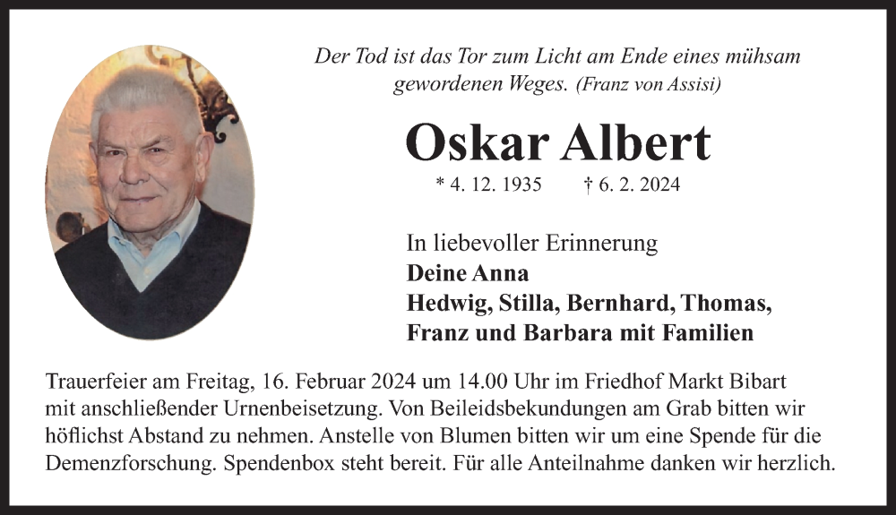  Traueranzeige für Oskar Albert vom 10.02.2024 aus Neustadt/ Scheinfeld/ Uffenheim