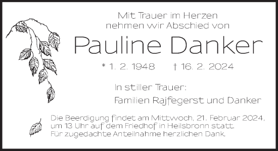 Traueranzeige von Pauline Danker von Ansbach