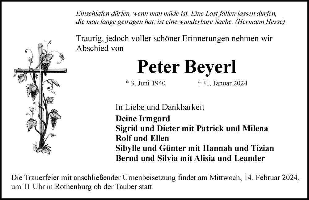  Traueranzeige für Peter Beyerl vom 10.02.2024 aus Rothenburg