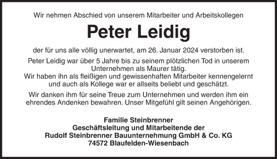 Traueranzeige von Peter Leidig von Rothenburg