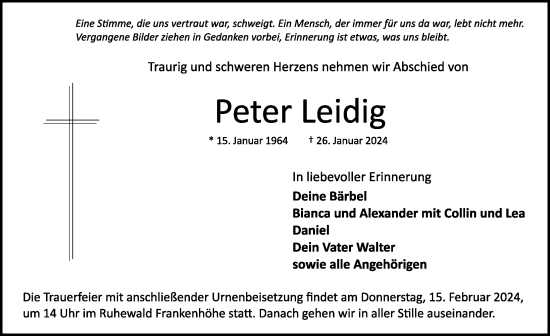Traueranzeige von Peter Leidig von Rothenburg