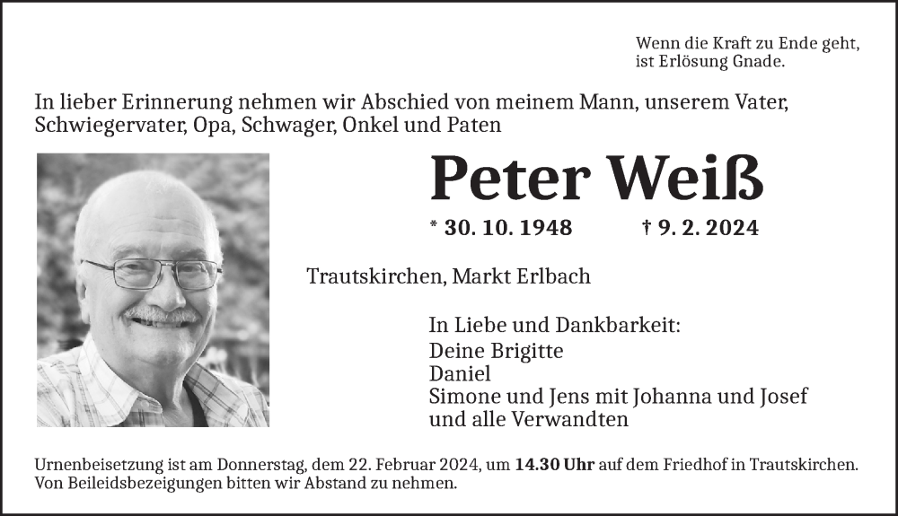  Traueranzeige für Peter Weiß vom 19.02.2024 aus Neustadt/ Scheinfeld/ Uffenheim