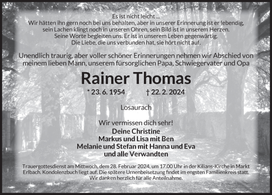 Traueranzeige von Rainer Thomas von Neustadt/ Scheinfeld/ Uffenheim