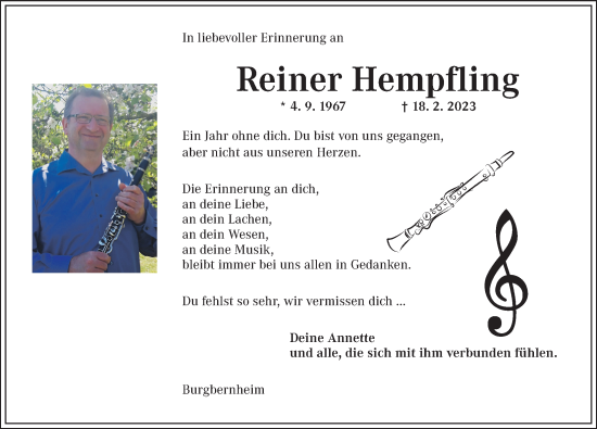 Traueranzeige von Reiner Hempfling von Neustadt/ Scheinfeld/ Uffenheim