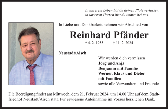 Traueranzeige von Reinhard Pfänder von Neustadt/ Scheinfeld/ Uffenheim