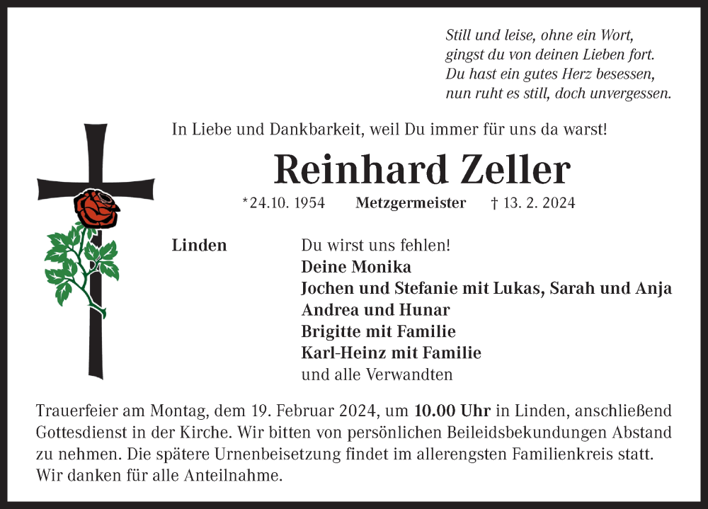  Traueranzeige für Reinhard Zeller vom 15.02.2024 aus Neustadt/ Scheinfeld/ Uffenheim