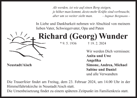 Traueranzeige von Richard Wunder von Neustadt/ Scheinfeld/ Uffenheim