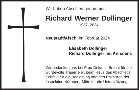 Traueranzeige von Richard Werner Dollinger von Neustadt/ Scheinfeld/ Uffenheim