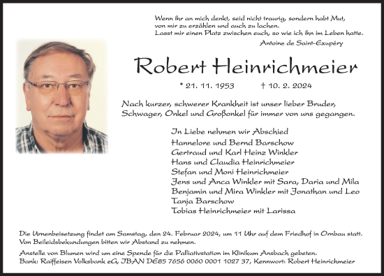 Traueranzeige von Robert Heineichmeier von Ansbach