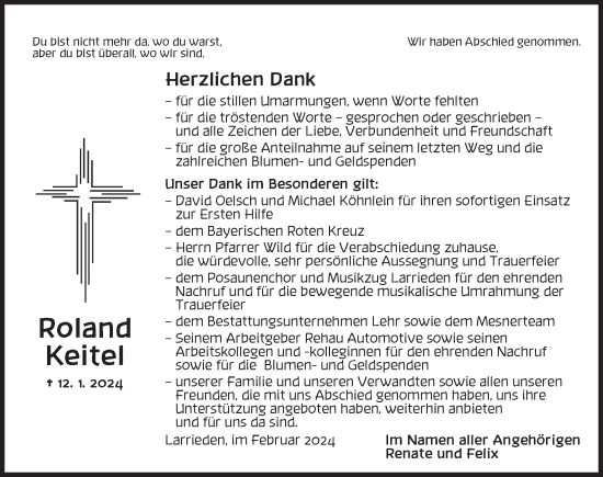 Traueranzeige von Roland Keitel von Dinkelsbühl/ Feuchtwangen