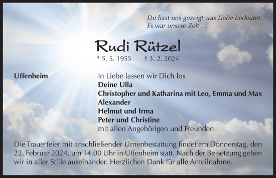 Traueranzeige von Rudi Rützel von Neustadt/ Scheinfeld/ Uffenheim