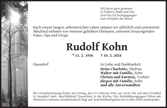Traueranzeige von Rudolf Kohn von Dinkelsbühl/ Feuchtwangen