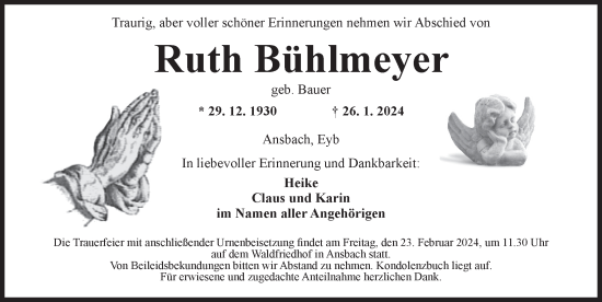 Traueranzeige von Ruth Bühlmeyer von Ansbach